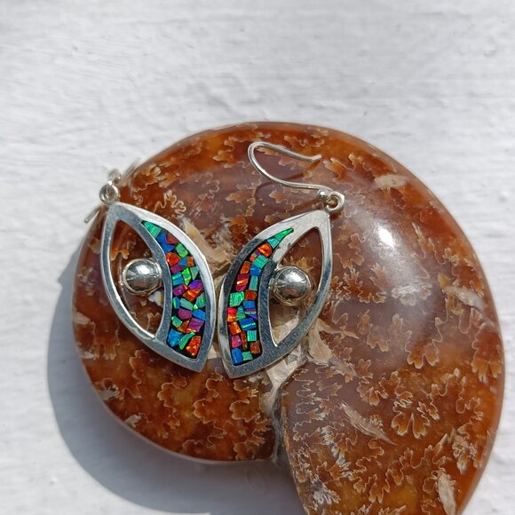 Rainbow Tear Drop Statement Earrings - Lab Grown Opal Sterling Silver for her - Picture 1 of 7